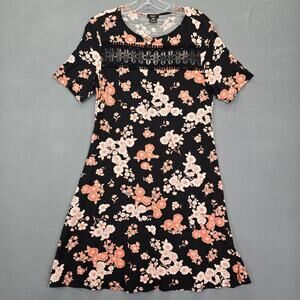 F&F Black Floral Dress Midi Lace Scoop Neck Short Sleeves Aline Womens Size 8